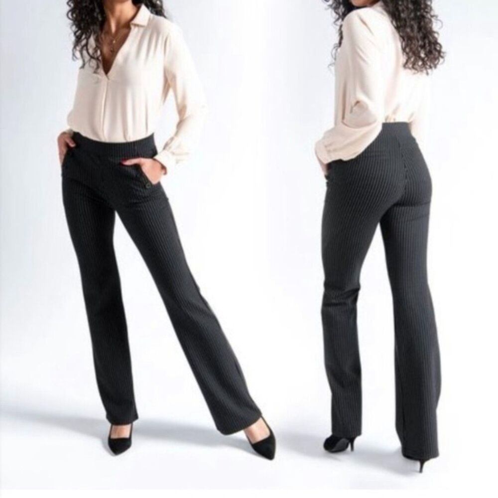 Betabrand Black Striped Pockets Leg Pull On Dress Pants Women’s Medium Petite